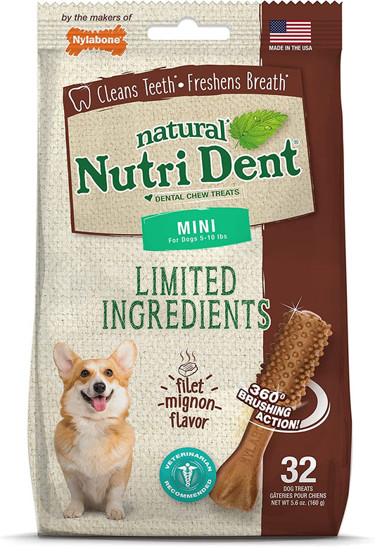 Nylabone Nutri Dent Natural Dental Filet Mignon Flavored Chew Treats 32 count Mini - Up to 10 lbs